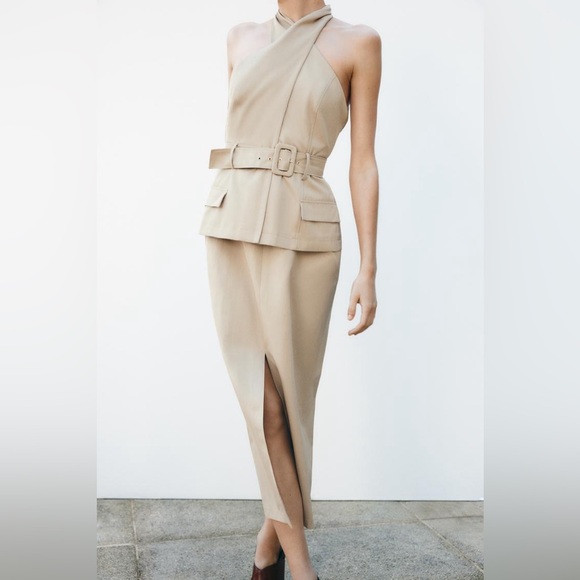 Zara Khaki Halter Neck Belted Midi Dress Women’s. Sleeveless Keyhole Pockets S - Picture 3 of 9